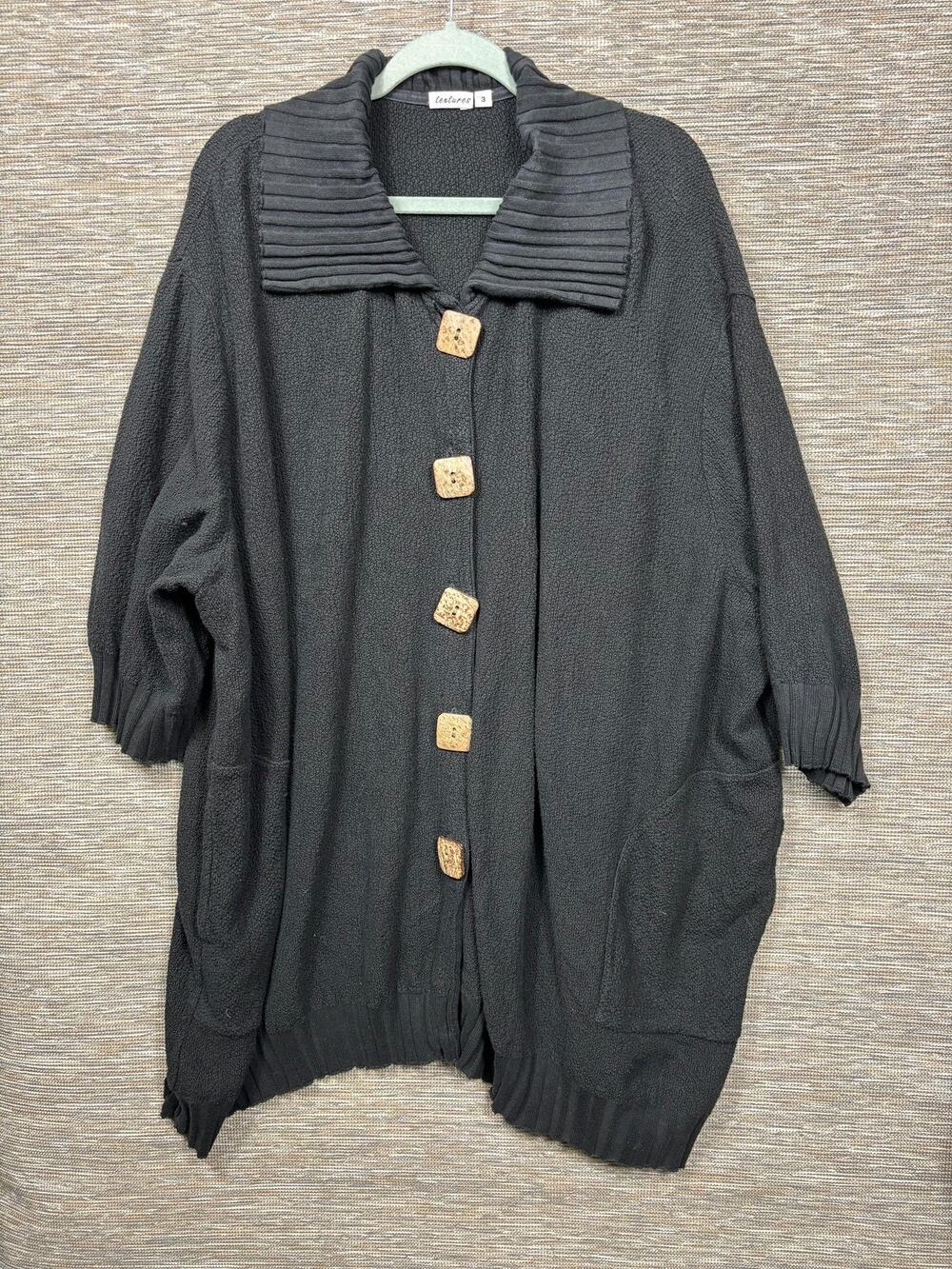 Textures Cardigan Sweater Womens Size 3X Black Collared Dolman 3/4 Sleeve Knit